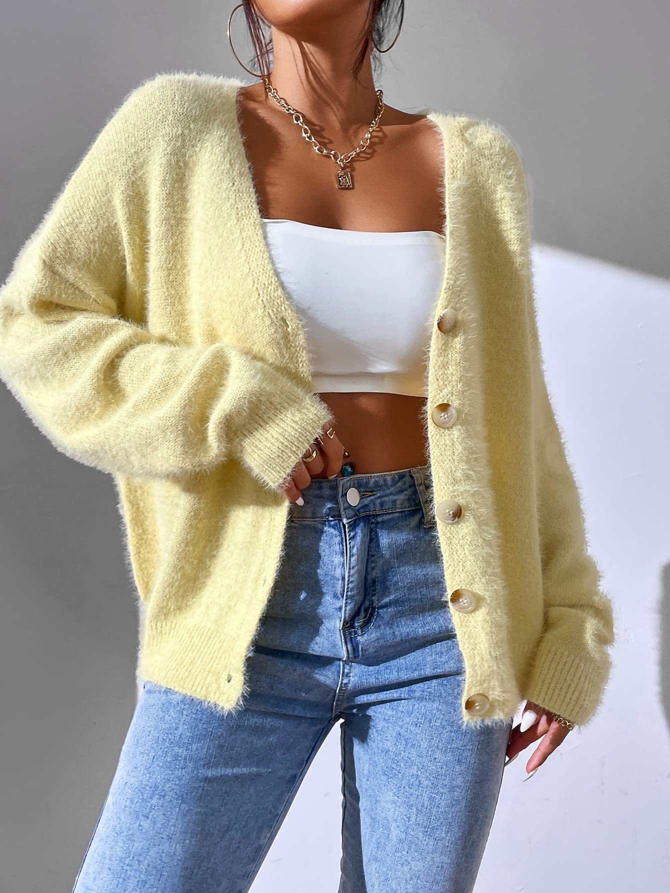 Soft Fuzzy Knit Cardigan - Button-Down Long Sleeve Sweater