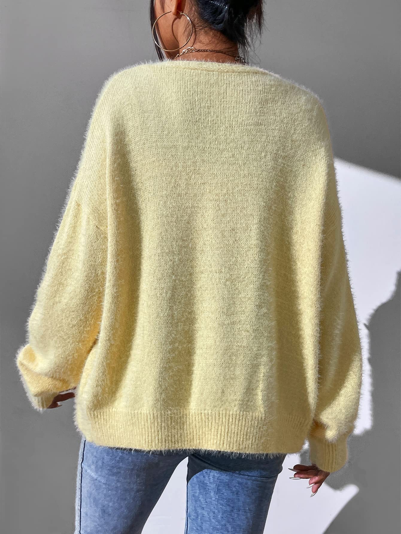 Soft Fuzzy Knit Cardigan - Button-Down Long Sleeve Sweater