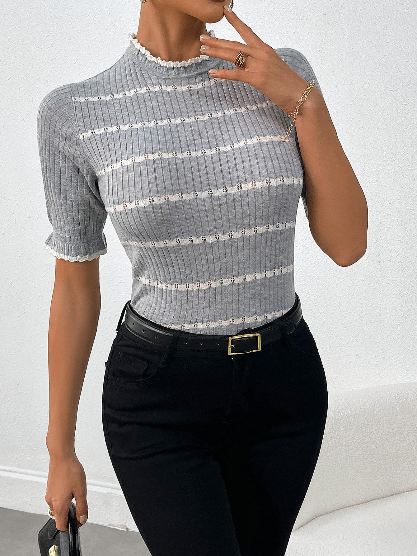 Striped Mock Neck Knit Top - Half Sleeve Ribbed Pullover Sweater