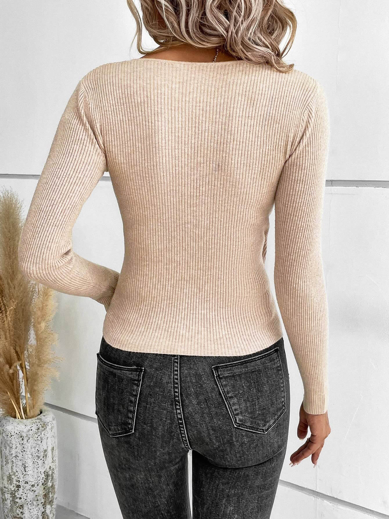 Deep V-Neck Ribbed Knit Wrap Sweater