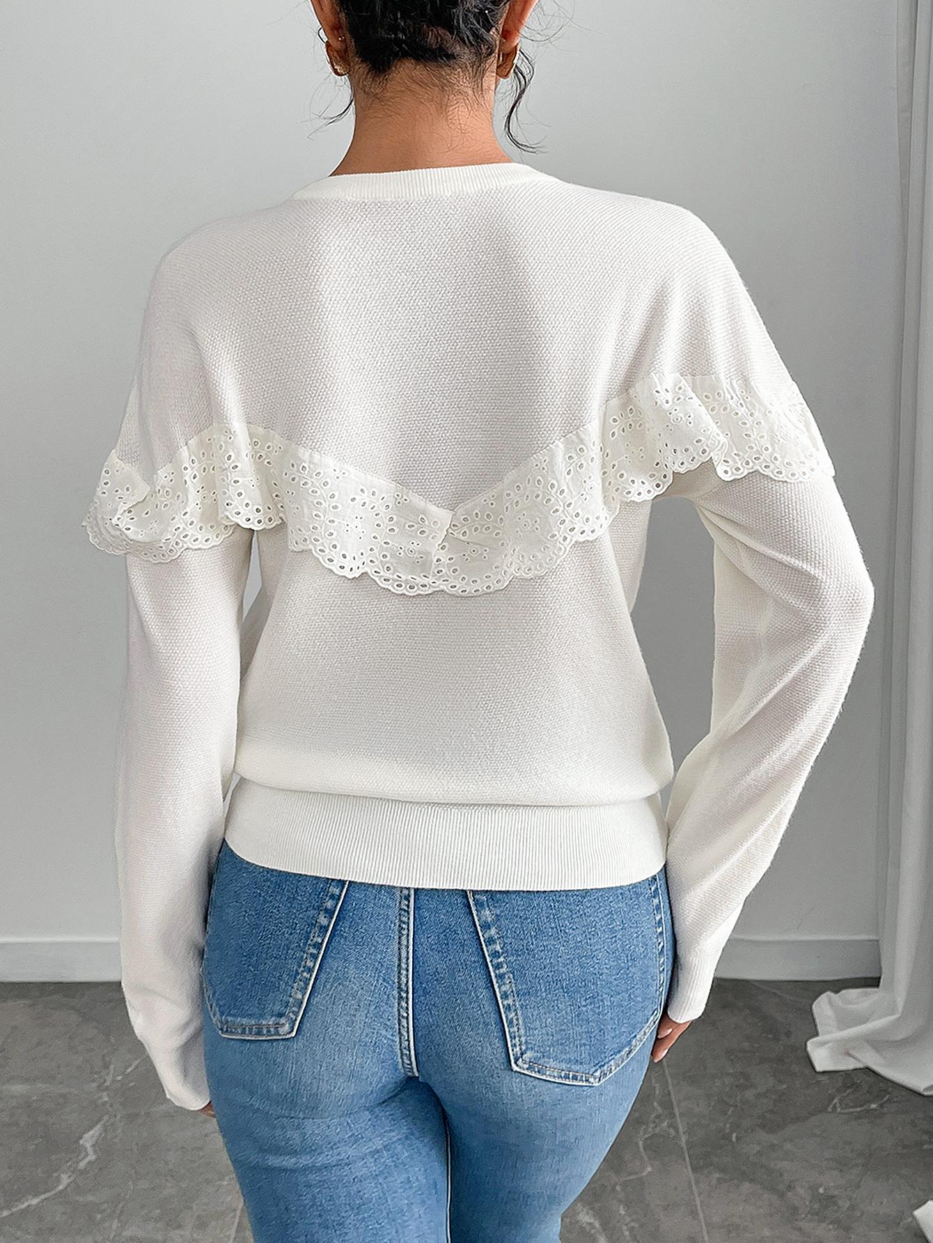 Ruffle Lace Crewneck Knit Sweater - Long Sleeve Casual Pullover Top
