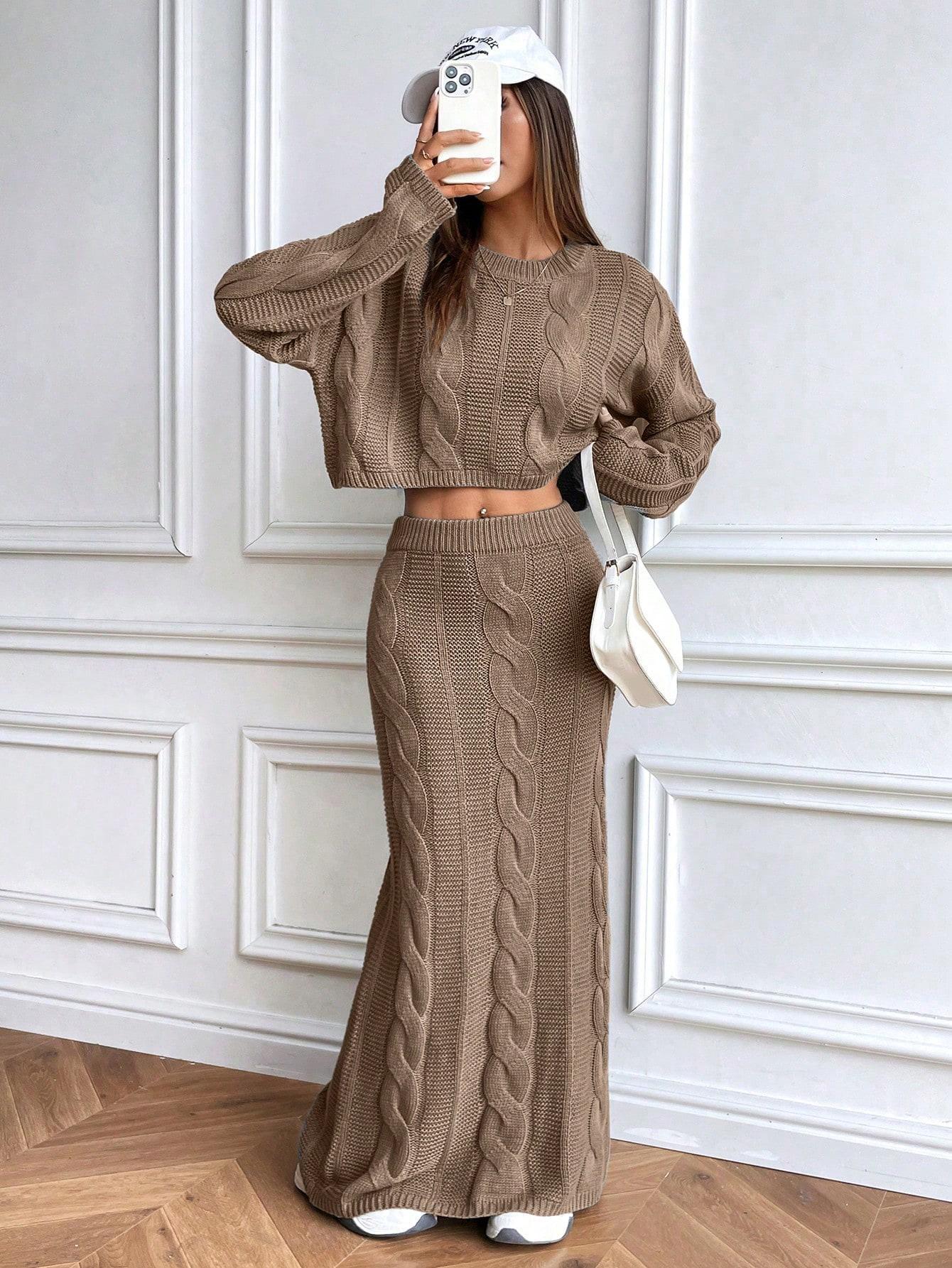 Cable Knit Cropped Sweater & High-Waist Maxi Skirt Set