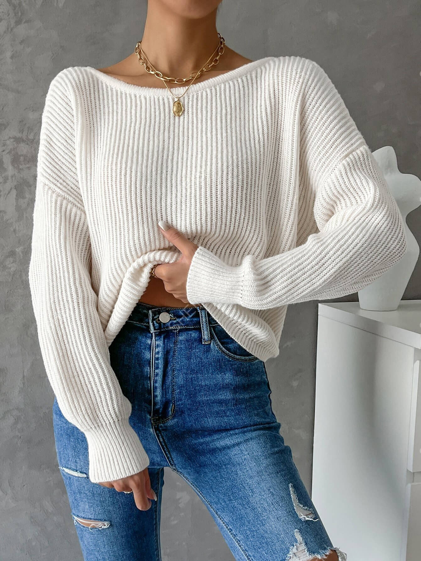 Solid Color Hollow-Out Cable Knit Sweater