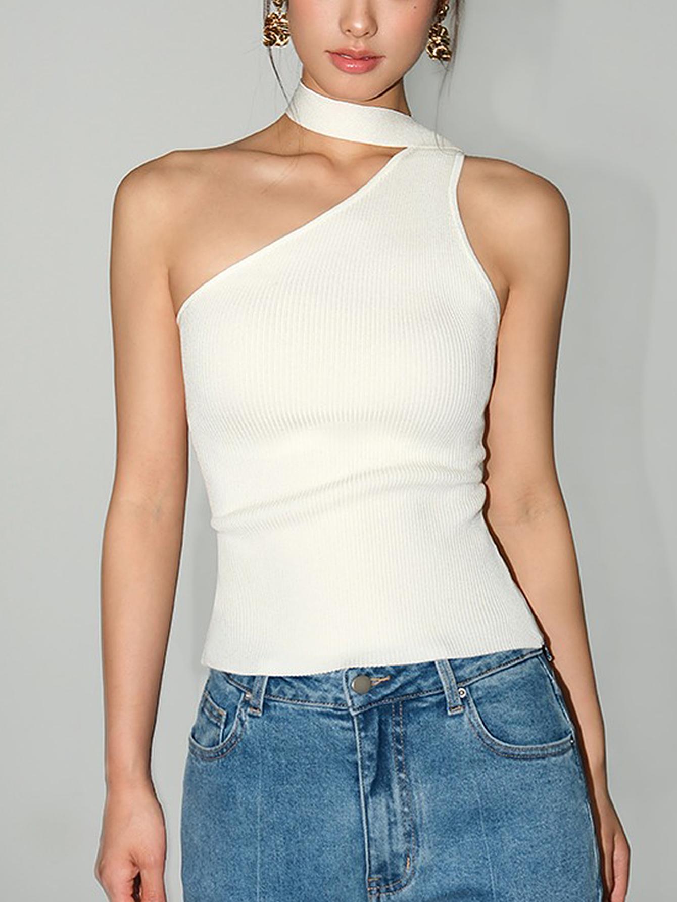 Asymmetrical Halter Knit Tank Top Slim Fit One Shoulder with Neck Tie