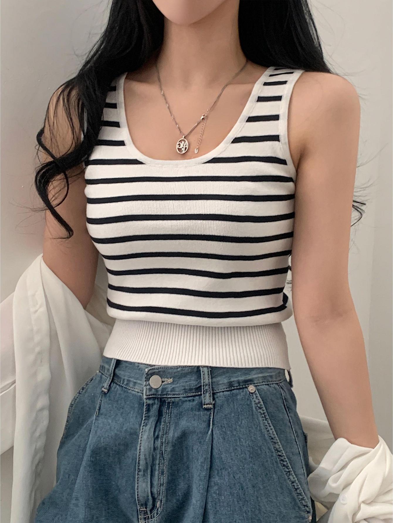 Striped Ribbed Knit Tank Top Sleeveless Fitted Summer Crop Top