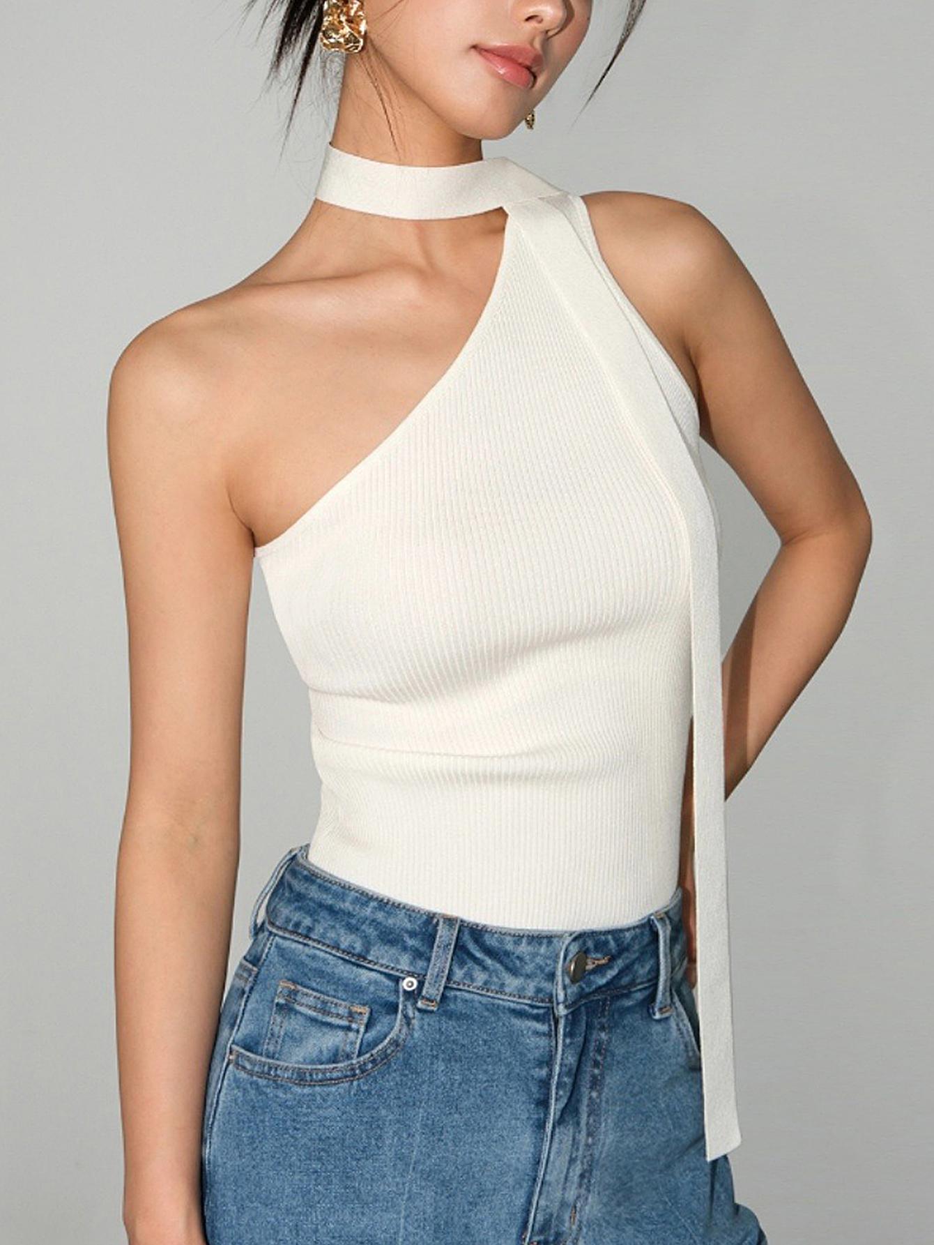 Asymmetrical Halter Knit Tank Top Slim Fit One Shoulder with Neck Tie