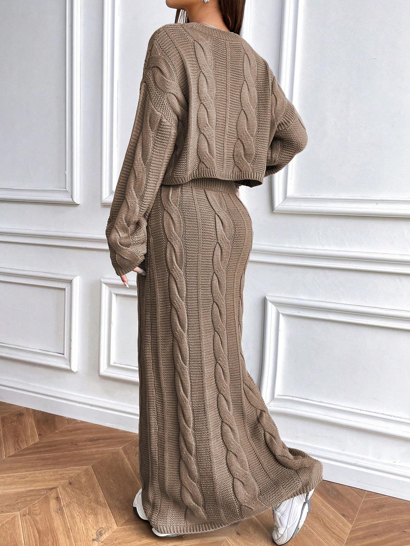 Cable Knit Cropped Sweater & High-Waist Maxi Skirt Set