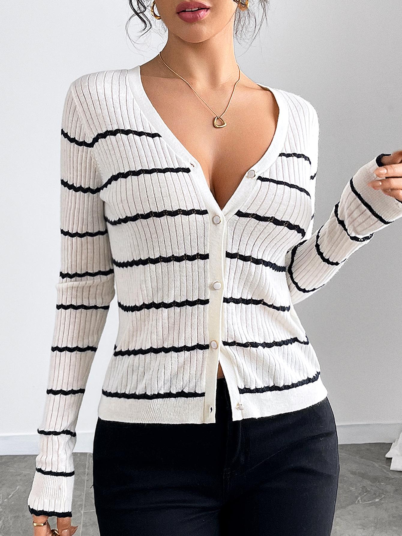 Striped Ribbed Knit Cardigan - Long Sleeve Button-Down Lightweight Sweater