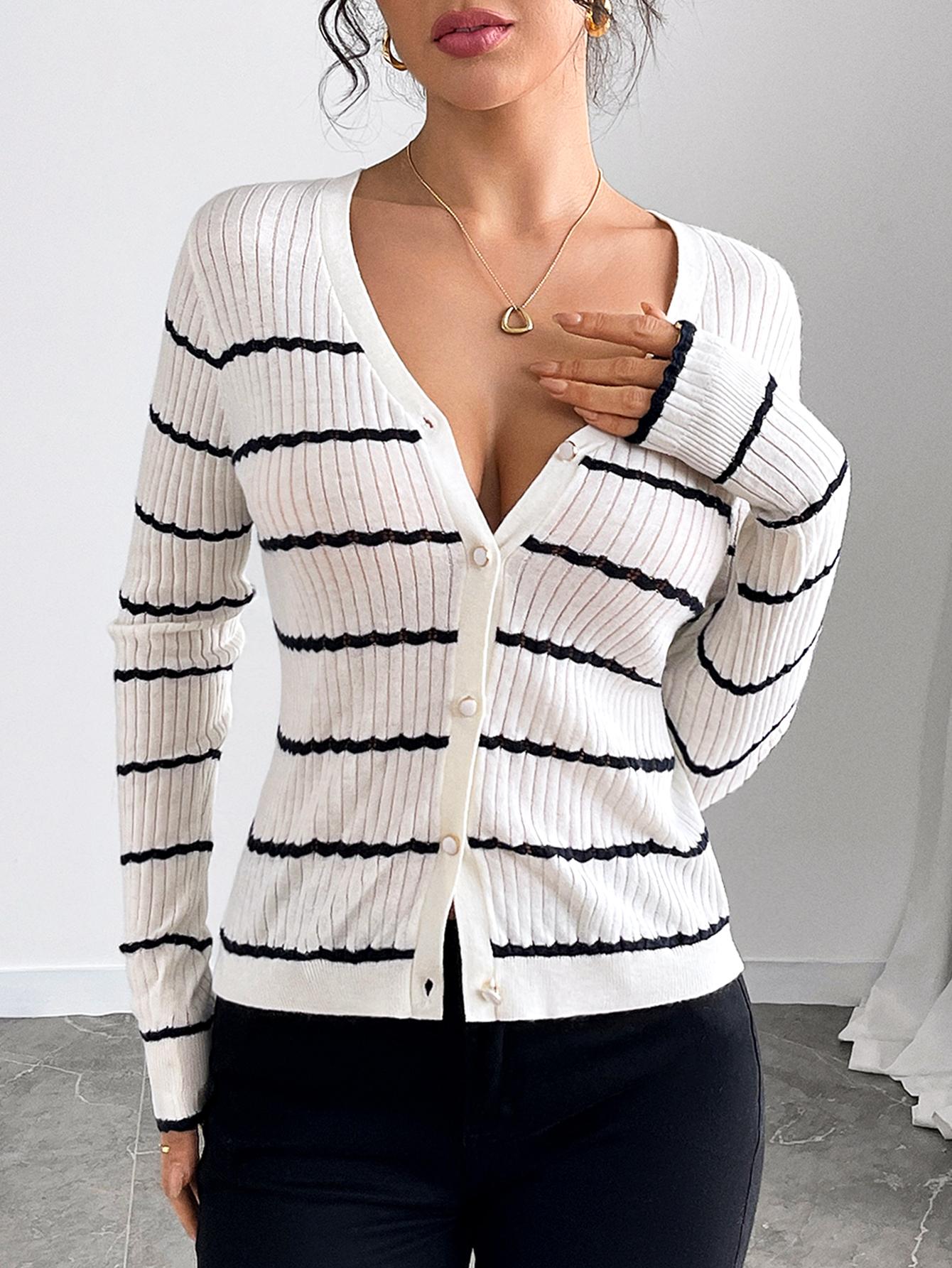Striped Ribbed Knit Cardigan - Long Sleeve Button-Down Lightweight Sweater